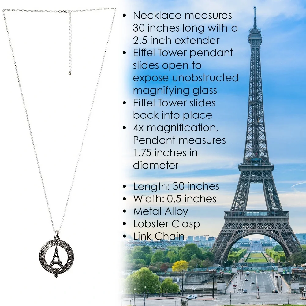 Silver Eiffel Tower Paris 4x Magnifying Glass Sliding Top Pendant Necklace NEW